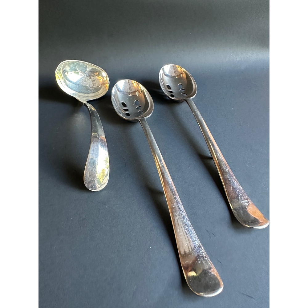 Vintage Silverplate Serving Set 3pc Pierced Spoons Ladle Old English Farmhouse